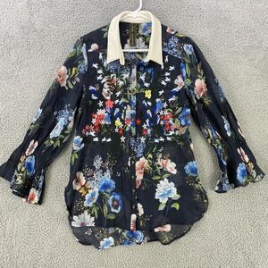 Aratta Silent Journey Shirt Womens Small Floral Embroidered Button Front Boho